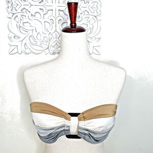 PERRY ELLIS size LARGE Bandeau Bikini Top Back Tie BLACK GOLD GREY Color Block